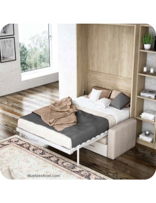 Cama abatible matrimonio abierta con sofa delante Tetrys.