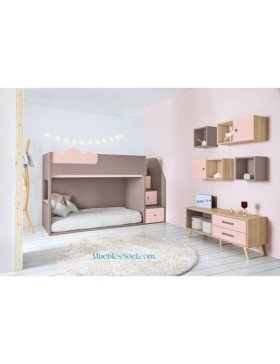 Dormitorio infantil marrón y rosa con Mini litera Montessori.