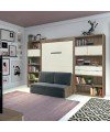 Librería con cama abatible en la pared y sofá delante.