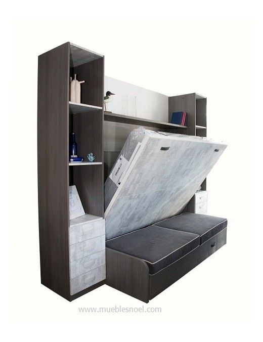Cama abatible Tetris 9 con sofá y librerías.