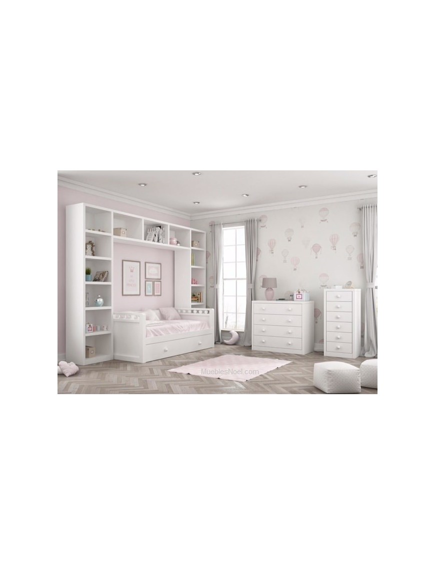 Dormitorio-infantil-blanco-con-cama-nido-librerias-comoda-y-sinfonier-roble