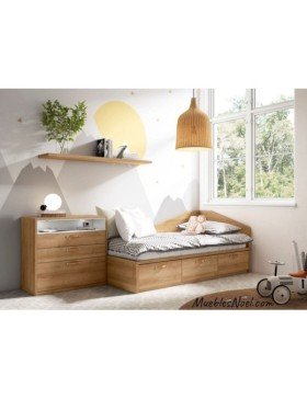Dormitorio juvenil con Cama nido en color roble oscuro con tres cajones y friso con forma de diván.