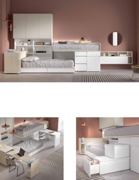 Litera tren con mesa integradas, dos camas y cajones. Tienda Muebles Madrid.