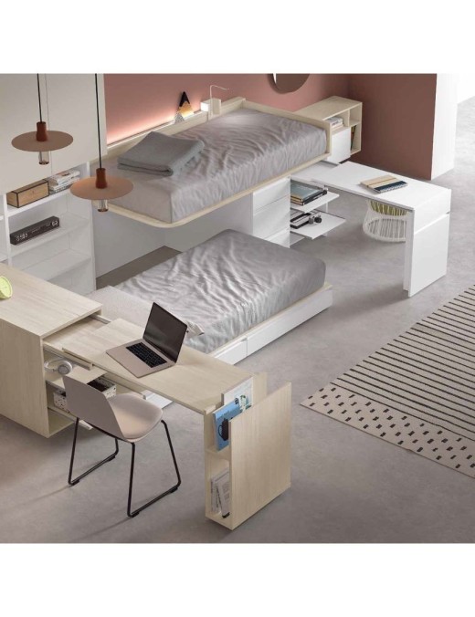 Litera tren con mesa integradas, dos camas y cajones. Tienda Muebles Madrid.