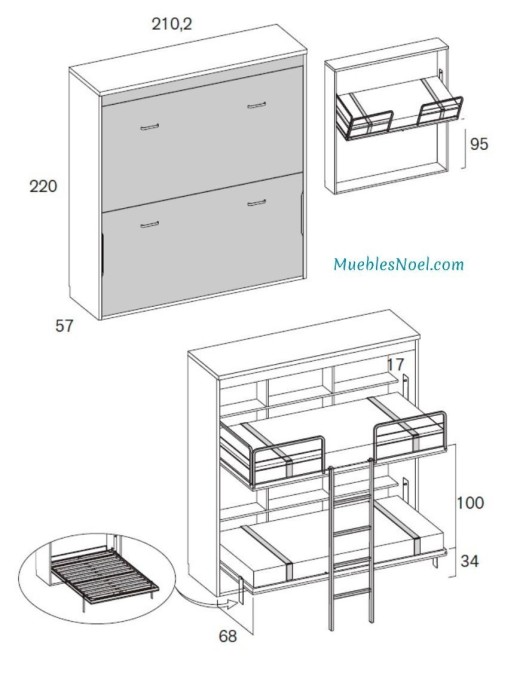 Litera abatible horizontal Legazpi con cama alta basculante de Noel