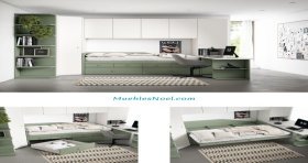 Dormitorio juvenil moderno con cama deslizante, armarios y mesa estudio.