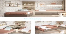 Dormitorio juvenil con camas en esquina.