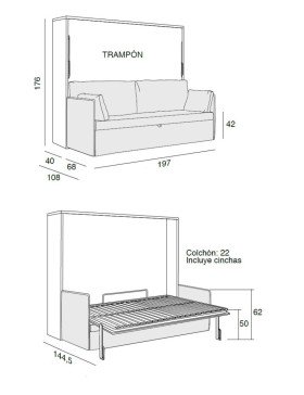Medidas Cama Abatible Horizontal con Sofá Integrado Pacifico Muebles Noel Madrid
