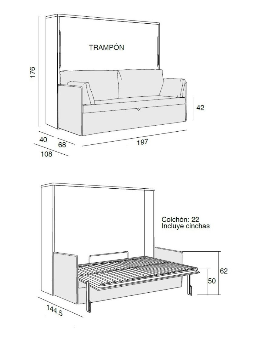 Medidas Cama Abatible Horizontal con Sofá Integrado Pacifico   Muebles Noel Madrid