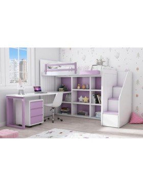 Cama alta de litera con mesa estudio y librería en color blanco nieve con violeta y sin tiradores modelo La Zarzuela.