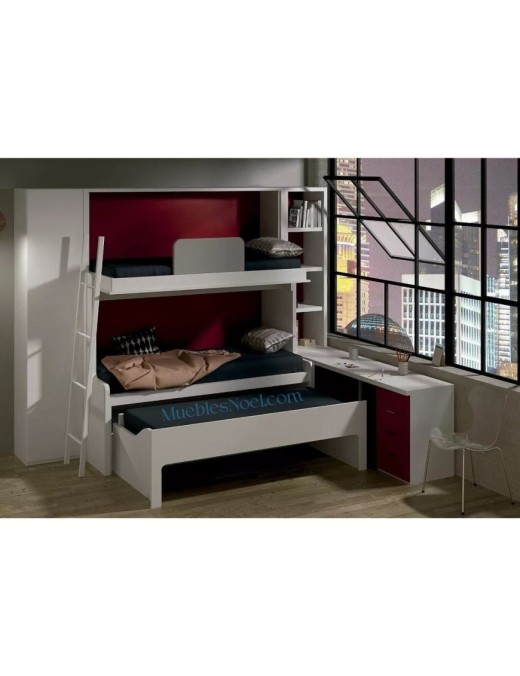 Dormitorio juvenil con litera con 3 camas.,Dormitorio juvenil con 3 camas.,Medidas dormitorio juvenil con 3 camas.