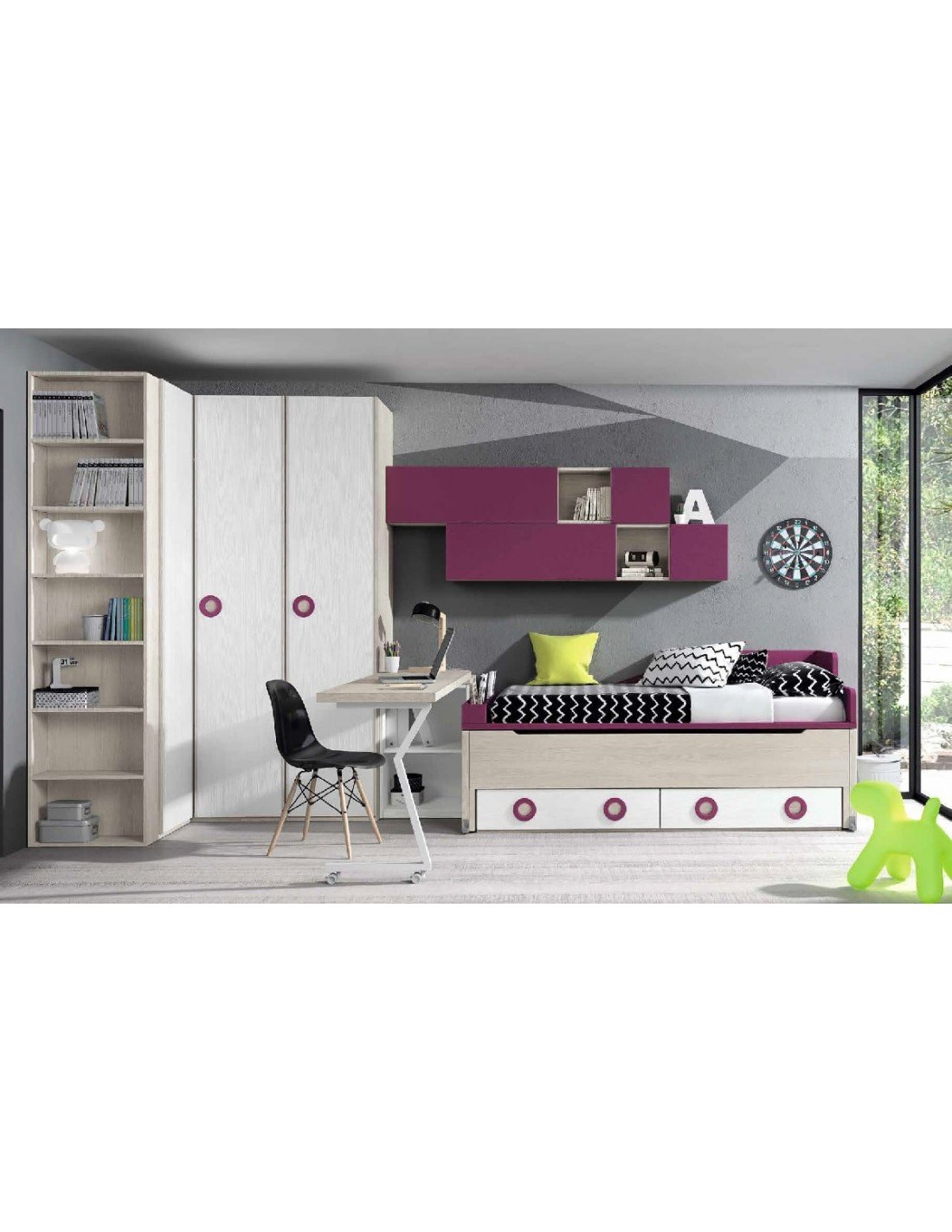 Habitación juvenil con zona de estudio, armario esquinero y cama tipo  compacto - Cama Compacta (Madrid)