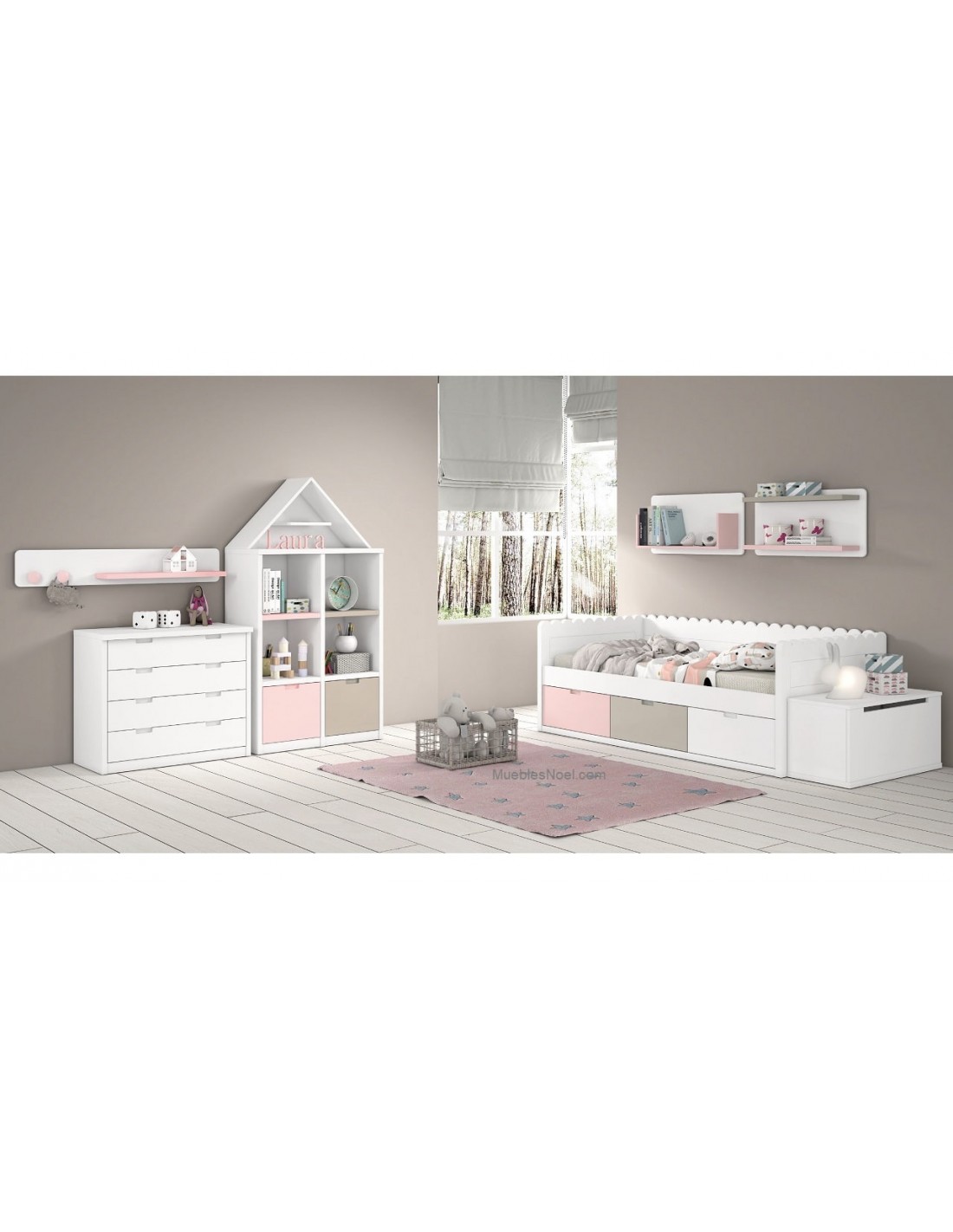 Dormitorio infantil lacado en blanco modelo Laura de la colección Ondas con cama nido con cajones.