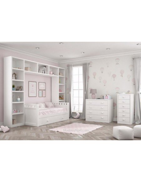 Dormitorio-infantil-blanco-con-cama-nido-librerias-comoda-y-sinfonier-roble
