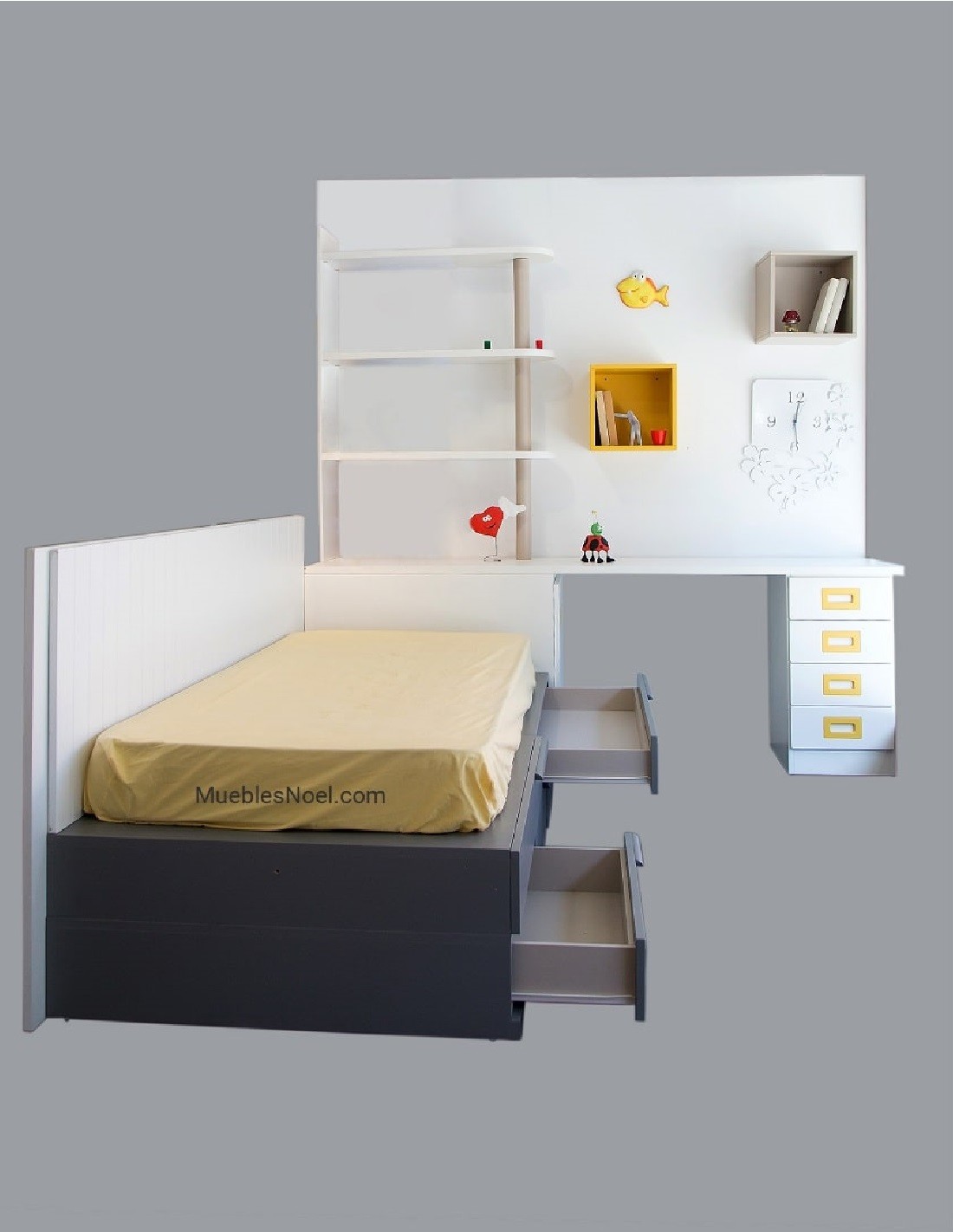 Dormitorio juvenil blanco con cama tatami gris con cajones en liquidación en Madrid