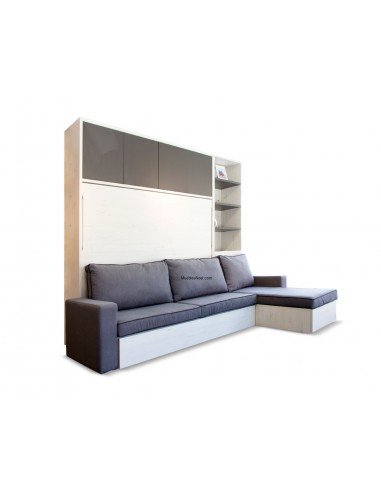 Café. Librería con cama abatible horizontal con sofá nido rinconera y armario superior.