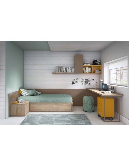 Dormitorio juvenil moderno con cama tatami para colchón de 105cm.