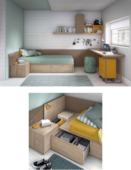 Dormitorio juvenil moderno con cama tatami para colchón de 105cm, mesillas, friso, estanterías y mesa estudio..