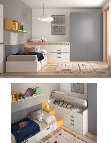Imagina dormitorio juvenil con camas en esquina.