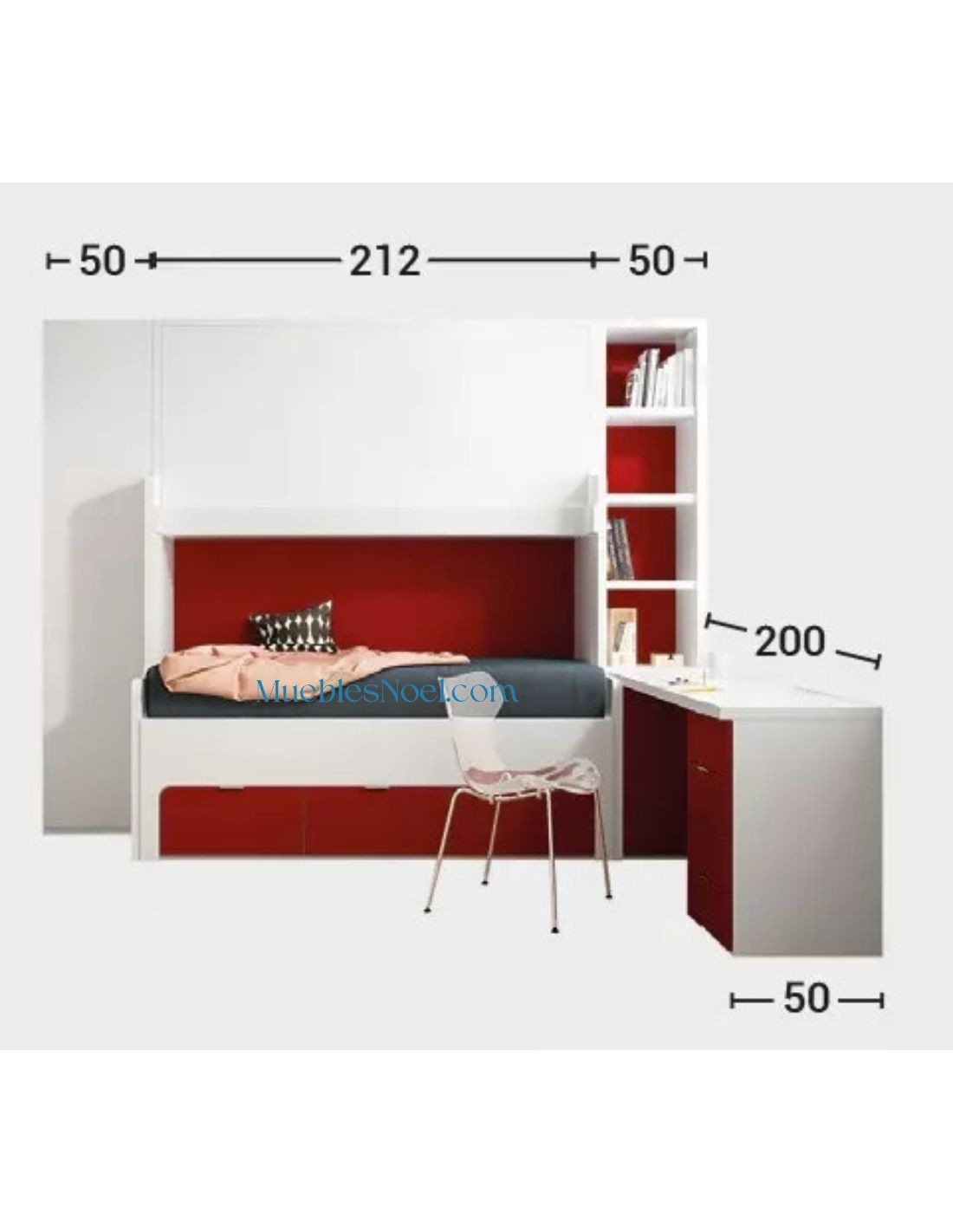 Medidas dormitorio juvenil con 3 camas Roja