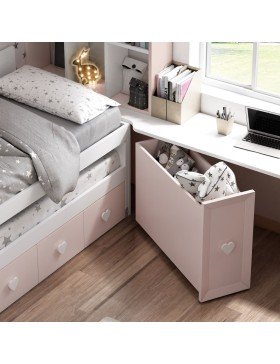 Arcón de dormitorio juvenil blanco y rosa.