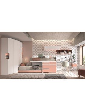 Dormitorio Juvenil Rosa y blanco con armario y litera tren.