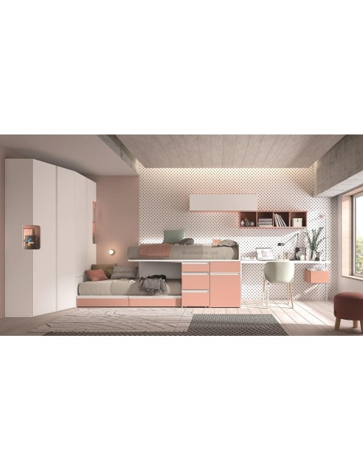 Dormitorio Juvenil Rosa y blanco con armario y litera tren.