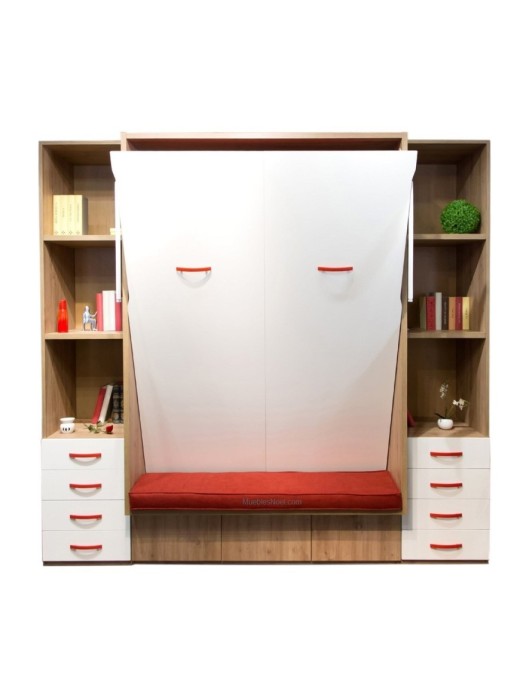 Cama abatible con asiento en rojo. Tienda muebles en Madrid.