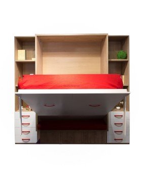 Cama abatible con asiento en rojo. Tienda muebles en Madrid.