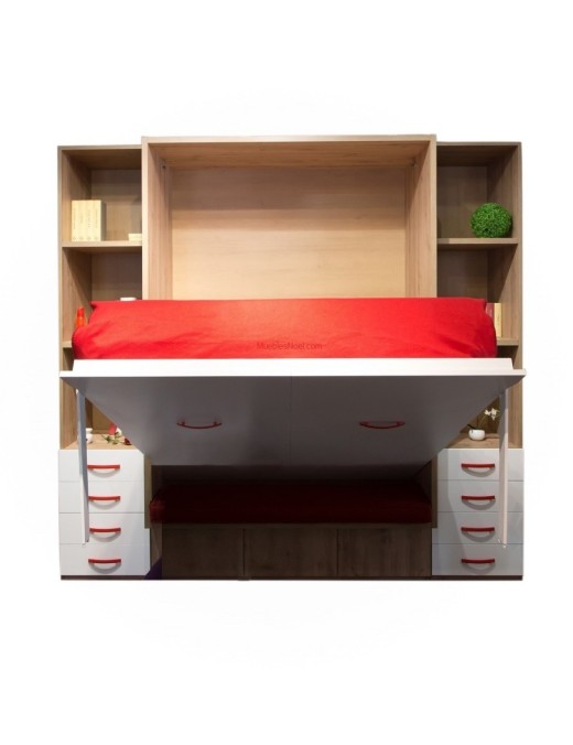 Cama abatible con asiento en rojo. Tienda muebles en Madrid.